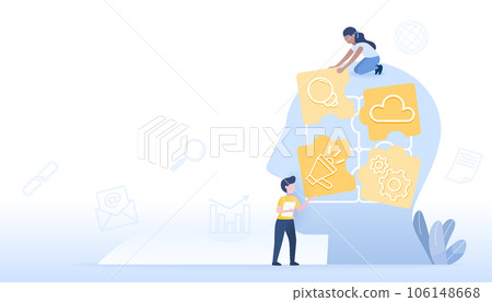 Business ideas concept. Business people work together to assemble puzzle jigsaw, solving problem, thinking, planning, brainstorming to achieve success. Flat vector design illustration with copy space. 106148668