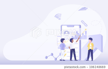 Business ideas concept. Business people meeting, discussing, planning, management, improvement, development for success. Share and exchange innovation information. Flat vector design illustration. 106148669