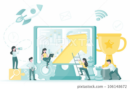 Business startup concept. Arrow pointing up, strategy management, tactical planning, analysis data, competition, opportunity, goals and target to achieve success. Flat vector design illustration. 106148672