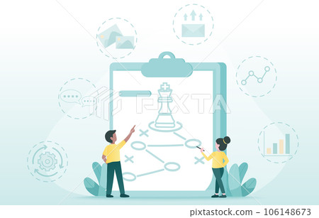 Business strategy plan concept. Discussion, data analysis, planning, brainstorming, competition, opportunity, consulting, solving problem to set direction for success. Flat vector design illustration. 106148673