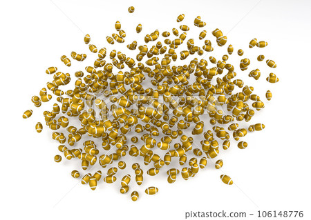 Many of flying gold american football ball falling on white background. 3d render of sport accessories for team playing games, exercise and competition Many of flying gold american football ball falling on white background. 3d render of sport accessories for team playing games, exercise and competition 106148776