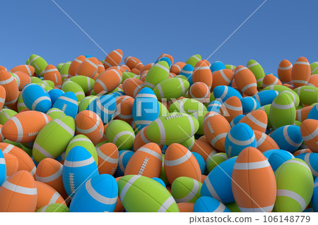 Many of flying multicolor american football ball falling on white background. 3d render of sport accessories for team playing games, exercise and competition Many of flying multicolor american football ball falling on white background. 3d render of sport accessories for team playing games, exercise and competition 106148779