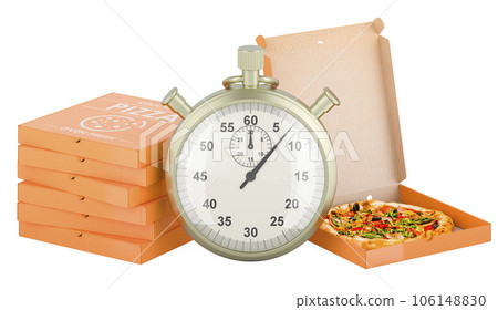 Pizza boxes with stopwatch, 3D rendering 106148830