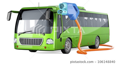 Electric tourist bus with electric car charging plug. Eco-friendly transport, concept. 3D rendering 106148840