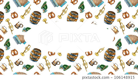 Frame of wooden barrel, pint of beer, German hat, accordion watercolor illustration isolated on white. Pretzel, wheat ear, trumpet hand drawn. Design for beer festival, brewing, menu, signage, label 106148915