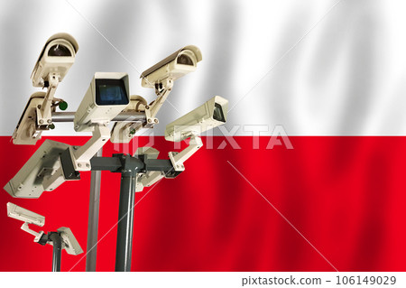 Polish CCTV camera on the flag of Poland Surveillance, security, control and totalitarianism concept Polish CCTV camera on the flag of Poland Surveillance, security, control and totalitarianism concept 106149029