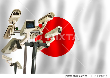 Japanese CCTV camera on the flag of Japan Surveillance, security, control  concept 106149034