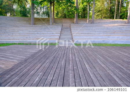 A small outdoor stage made of wooden boards. Latvia, Dikli 106149101