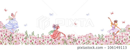 Floral seamless horizontal background. Watercolor illustration of a spring flowers.Perfect for for for wedding invitation, greetings card. 106149113