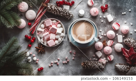 Hot chocolate with marshallows on a wooden surface with red caramel. New Year and Christmas decor and decoration. AI generated 106149153