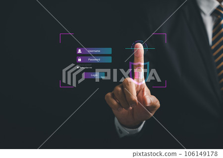 Pointing finger on a futuristic biometric identification fingerprint scanner. Surveillance and security scanning concept in cyber applications. Embrace the future of technology and secure information. Pointing finger on a futuristic biometric identification fingerprint scanner. Surveillance and security scanning concept in cyber applications. Embrace the future of technology and secure information. 106149178