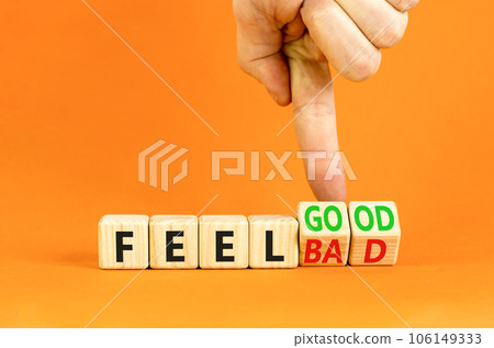 Feel good or bad symbol. Businessman turns wooden cubes and changes word Feel bad to Fell good. Beautiful orange table orange background. Business feel good or bad concept. Copy space. Feel good or bad symbol. Businessman turns wooden cubes and changes word Feel bad to Fell good. Beautiful orange table orange background. Business feel good or bad concept. Copy space. 106149333