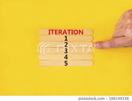 Time to iteration 2 symbol. Concept word Iteration 1 2 3 4 5 on wooden sticks. Businessman hand. Beautiful yellow table yellow background. Business planning and time to iteration 2 concept. Copy space Time to iteration 2 symbol. Concept word Iteration 1 2 3 4 5 on wooden sticks. Businessman hand. Beautiful yellow table yellow background. Business planning and time to iteration 2 concept. Copy space 106149336