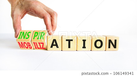 Inspiration or mobilization symbol. Concept words Inspiration and Mobilization on wooden cubes. Beautiful white background. Psychologist hand. Psychology inspiration mobilization concept. Copy space. Inspiration or mobilization symbol. Concept words Inspiration and Mobilization on wooden cubes. Beautiful white background. Psychologist hand. Psychology inspiration mobilization concept. Copy space. 106149341