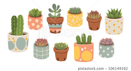 Succulent cactus set. Cactus succulent in pot, cartoon flat style. Cacti set isolated for stickers, greeting cards.  106149382