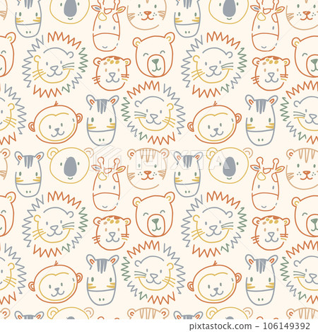 Beautiful kids vector seamless pattern with cute hand drawn safari animal faces. Children stock lion tiger bear zebra monkey illustratrion. 106149392