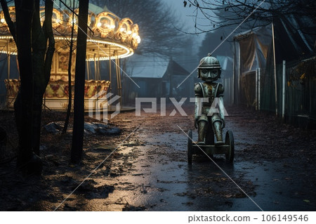 Nighttime abandoned amusement park with sanatorium, ferris wheel, and foggy park. Background concept for Halloween 106149546