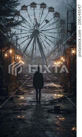 Nighttime abandoned amusement park with sanatorium, ferris wheel, and foggy park. Background concept for Halloween 106149547