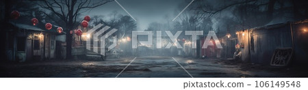 Nighttime abandoned amusement park with sanatorium, ferris wheel, and foggy park. Background concept for Halloween 106149548