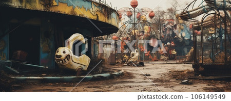 Nighttime abandoned amusement park with sanatorium, ferris wheel, and foggy park. Background concept for Halloween 106149549