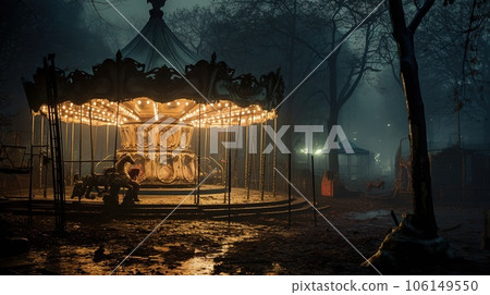 Nighttime abandoned amusement park with sanatorium, ferris wheel, and foggy park. Background concept for Halloween 106149550