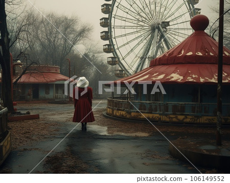 Nighttime abandoned amusement park with sanatorium, ferris wheel, and foggy park. Background concept for Halloween Nighttime abandoned amusement park with sanatorium, ferris wheel, and foggy park. Background concept for Halloween 106149552