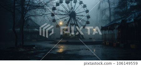 Nighttime abandoned amusement park with sanatorium, ferris wheel, and foggy park. Background concept for Halloween Nighttime abandoned amusement park with sanatorium, ferris wheel, and foggy park. Background concept for Halloween 106149559