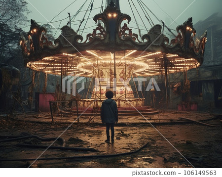 Nighttime abandoned amusement park with sanatorium, ferris wheel, and foggy park. Background concept for Halloween Nighttime abandoned amusement park with sanatorium, ferris wheel, and foggy park. Background concept for Halloween 106149563