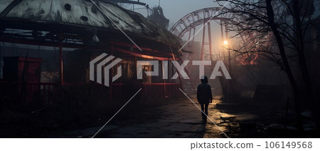 Nighttime abandoned amusement park with sanatorium, ferris wheel, and foggy park. Background concept for Halloween Nighttime abandoned amusement park with sanatorium, ferris wheel, and foggy park. Background concept for Halloween 106149568