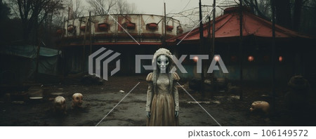 Nighttime abandoned amusement park with sanatorium, ferris wheel, and foggy park. Background concept for Halloween Nighttime abandoned amusement park with sanatorium, ferris wheel, and foggy park. Background concept for Halloween 106149572