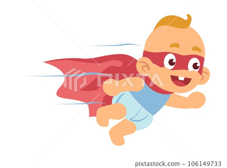 Baby superhero, little boy in red cape and mask flying. Super hero kid in diaper, justice fighter in cape speed running. Cartoon flat style isolated on white background vector concept Baby superhero, little boy in red cape and mask flying. Super hero kid in diaper, justice fighter in cape speed running. Cartoon flat style isolated on white background vector concept 106149733