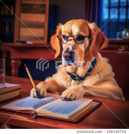 Serious dog writer, dog journalist, dog secretary, dog with book and feather 106149758