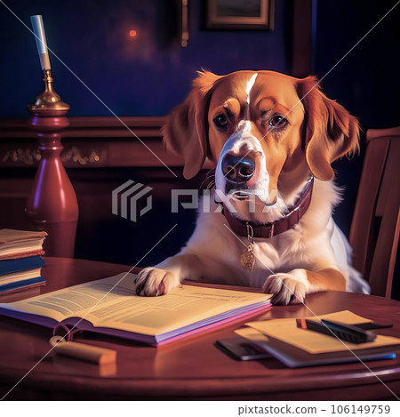 Serious dog writer, dog journalist, dog secretary, dog with book and feather Serious dog writer, dog journalist, dog secretary, dog with book and feather 106149759