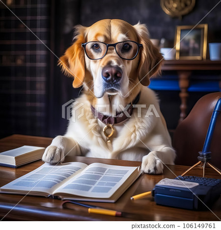 Serious dog writer, dog journalist, dog secretary, dog with book and feather Serious dog writer, dog journalist, dog secretary, dog with book and feather 106149761