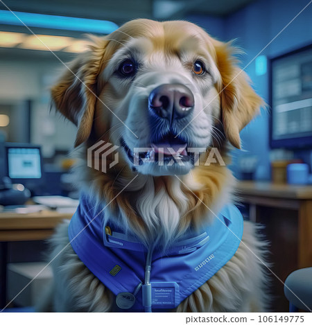Portrait of a cute dog in medical clothes, a dog doctor in a veterinary clinic. canine veterinarian Portrait of a cute dog in medical clothes, a dog doctor in a veterinary clinic. canine veterinarian 106149775