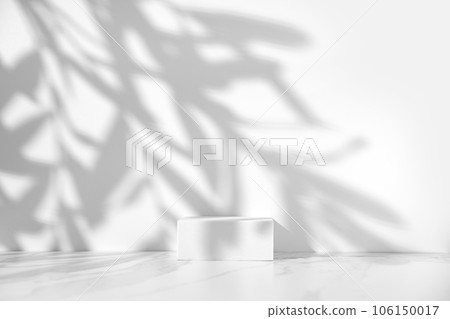 Minimal white cosmetics product presentation scene made with empty white pedestal on white background with leaves shadow. 106150017