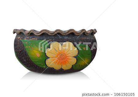 antique brown and yellow and green pottery pot on white background, object, decor, old, copy space antique brown and yellow and green pottery pot on white background, object, decor, old, copy space 106150105