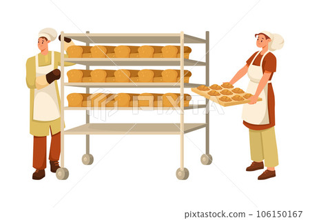 Man and Woman Bread Baker in Uniform and Toque Baking Pastry Vector Illustration 106150167