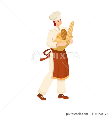 Woman Bread Baker in Uniform and Toque Carry Fresh Loaf and Pastry Vector Illustration Woman Bread Baker in Uniform and Toque Carry Fresh Loaf and Pastry Vector Illustration 106150175