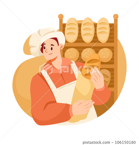 Man Bread Baker in Uniform and Toque Baking Pastry Hold Loaf in Pack Vector Illustration Man Bread Baker in Uniform and Toque Baking Pastry Hold Loaf in Pack Vector Illustration 106150180