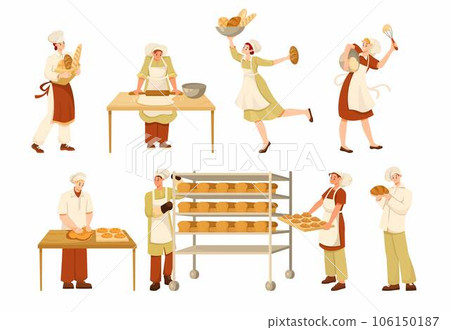 Man and Woman Bread Bakers in Uniform and Toque Baking Pastry Vector Set Man and Woman Bread Bakers in Uniform and Toque Baking Pastry Vector Set 106150187