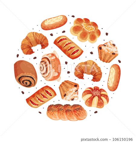 Baked Product Round Composition Design with Sweet Bun and Pastry Vector Template Baked Product Round Composition Design with Sweet Bun and Pastry Vector Template 106150196