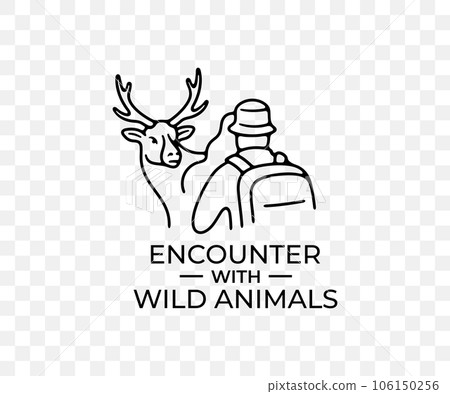 Encounter with wild animals in wild nature, linear graphic design. Travel, hiking, adventure, tourist, elk, deer and stag, vector design and illustration 106150256