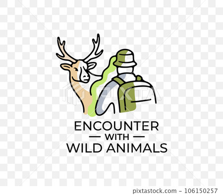 Encounter with wild animals in wild nature, colored graphic design. Travel, hiking, adventure, tourist, elk, deer and stag, vector design and illustration 106150257
