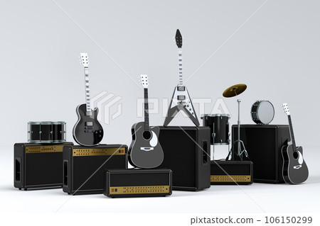 Set of electric acoustic guitars, amplifiers and drums with cymbal on white 106150299