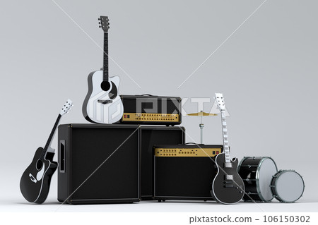 Set of electric acoustic guitars, amplifiers and drums with cymbal on white 106150302
