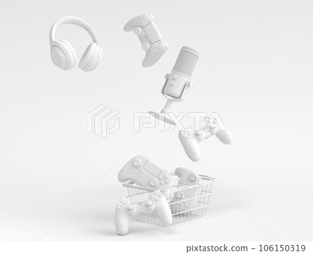 Gamer gears like keyboard, joystick, headset, VR, microphone on monochrome 106150319