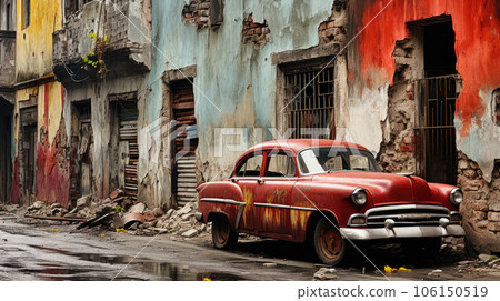 An old car parked on a street in Havana, AI 106150519