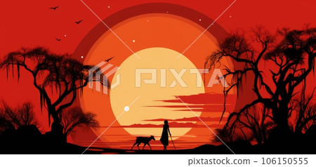A silhouette of a woman and dog walking in front of a sunset, AI 106150555