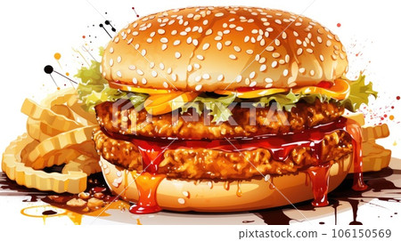 A hamburger with ketchup and fries on white background, AI A hamburger with ketchup and fries on white background, AI 106150569